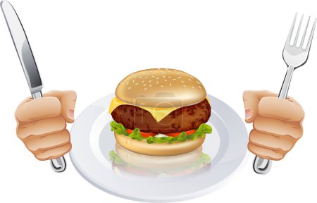 Téléchargez les illustrations : Hamburger sur la plaque et les mains tenant fourchette et couteau sur fond blanc - en licence libre de droit
