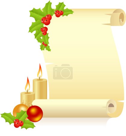 Illustration for Christmas paper scroll with christmas decoration and candles - Royalty Free Image