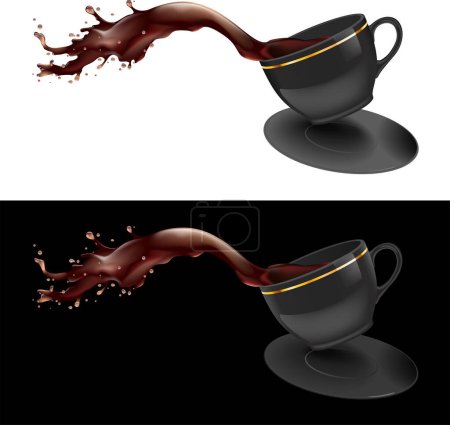 Téléchargez les illustrations : Illustration des éclaboussures de café d'une tasse. Design noir et blanc. - en licence libre de droit
