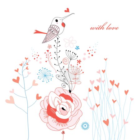 Ilustración de Lindo pájaro con flores y corazones, fondo romántico - Imagen libre de derechos