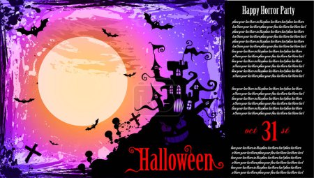 Ilustración de Volante fiesta de Halloween con luna llena y murciélagos. ilustración vectorial. - Imagen libre de derechos