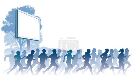 Ilustración de Ilustración de un grupo de personas corriendo con bigboard en blanco en segundo plano - Imagen libre de derechos