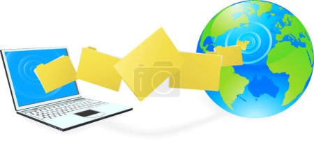 Illustration for Mail concept,  laptop  with globe  and envelopes isolated on white background - Royalty Free Image