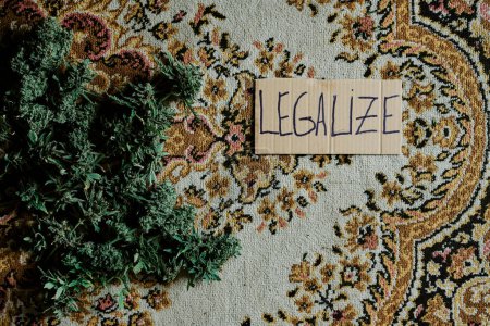 Téléchargez les photos : Des bourgeons de marijuana sur un très vieux tapis persan. Concept de cannabis et de drogue - en image libre de droit