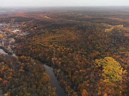 Aerial autumn forest on river hills, colorful autumnal countryside