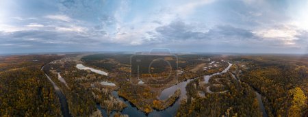 Aerial autumn scenic golden river dale panorama in Ukraine countryside