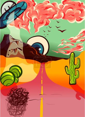 Téléchargez les illustrations : Trippy and psychedelic vector landscape with a desert road and mountains. Extraterrestrial fictional sunset with cactuses and bushes. - en licence libre de droit