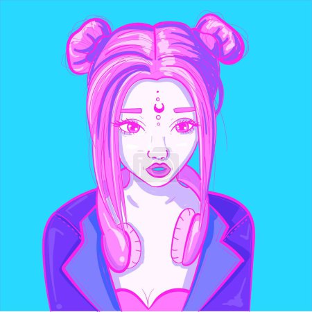 Ilustración de Arte digital de una mujer de neón cibernético en una chaqueta de cuero y un par de auriculares. Scifi chica de onda sintética con colores rosa y azul. - Imagen libre de derechos