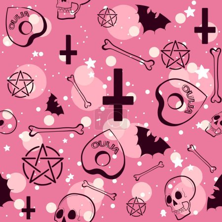 Illustration for Occult seamless pattern with skulls, bones, ouija planchettes and bats. Pastel goth repeat background with pink wiccan elements. - Royalty Free Image