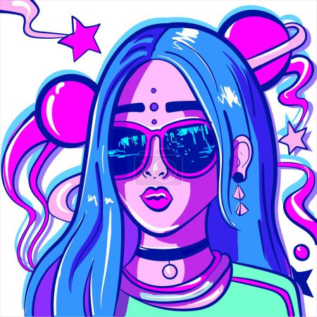 Illustration for Vibrant neon digital art of a lo-fi girl with sunglasses and planets around her. Galaxy and universe background. Psychedelic woman stargazing. - Royalty Free Image