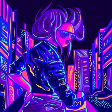 Ilustración de Mujer motociclista neón con una chaqueta de cuero en una gran ciudad. Jinete de fantasía con gafas de sol en una ciudad de retroondas. - Imagen libre de derechos