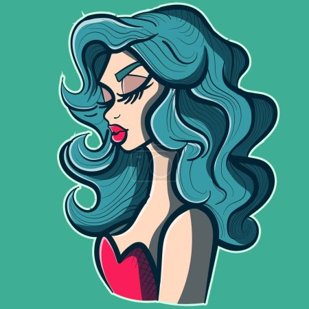 Téléchargez les illustrations : Art conceptuel d'un profil drag queen avec perruque bouclée verte et robe rouge. Femme élégante avatar. - en licence libre de droit