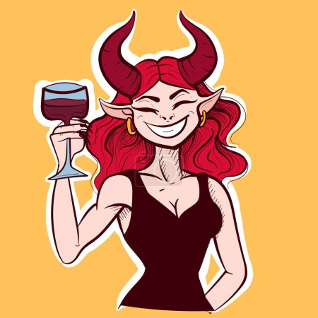 Illustration for Digital art of a redhead devil woman holding a glass of wine. Vector illustration of a demonic woman in a black dress holding a cup. - Royalty Free Image