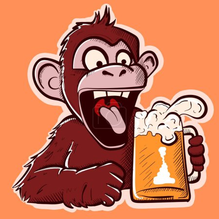 Ilustración de Arte digital de un mono sediento tomando una pinta de cerveza. Divertido mono de dibujos animados con piel celebrando oktoberfest. - Imagen libre de derechos