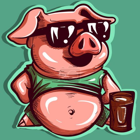 Digital art of a pig on a tropical beach vacation. Vector of a humanized piglet with sunglasses and a belly sticking out of his shirt, drinking a glass of soda.
