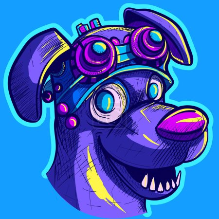 Illustration for Digital art of a steampunk neon dog wearing leather glasses. Scifi tech and cyborg robotic animal head. Fictional character from the future concept. - Royalty Free Image