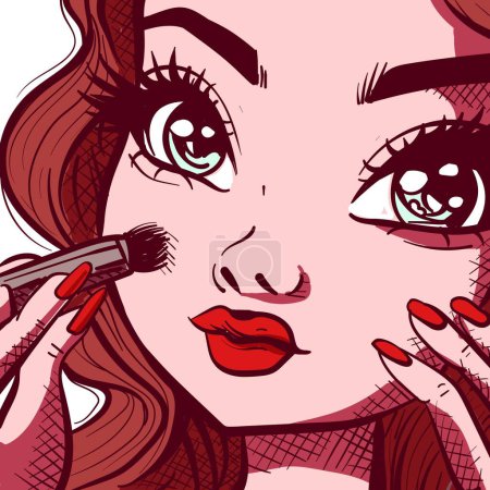 Téléchargez les illustrations : Art numérique d'une fille qui applique du maquillage avec un pinceau sur les joues. Illustration rapprochée d'une femme aux yeux d'anime vêtue de rougeur. - en licence libre de droit