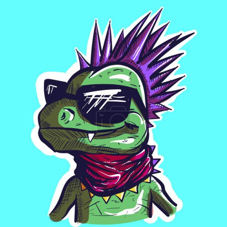 Illustration for Digital art of a punk metalhead lizard wearing a pink scarf and sunglasses. Vector of a green reptile with spikes looking cool - Royalty Free Image