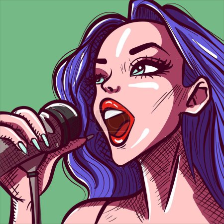 Digitale Kunst eines Sängers beim Auftritt. Nahaufnahme eines Live-Interpreten, der am Mikrofon singt. Avatar einer Frau, die ihre Stimme benutzt, um am Mikrofon zu singen.