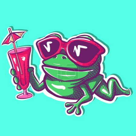 Illustration for Digital art of a frog wearing glasses and drinking a cocktail. Vector of a toad sunbathing and laying on the beach. - Royalty Free Image