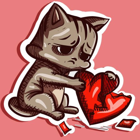 Illustration for Vector of a sad and lonely cat crying. Cute feline holding and trying to repair a broken heart. - Royalty Free Image