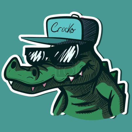 Art numérique d'une tête de crocodile portant un chapeau hiphop et des lunettes de soleil. Vecteur d'un alligator voyou vert avec des dents.