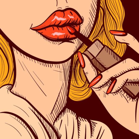 Téléchargez les illustrations : Illustration de la main d'une femme blonde appliquant du rouge à lèvres sur ses lèvres. Gros plan vecteur d'une fille mettant sur gloss lèvre. - en licence libre de droit
