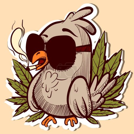 Ilustración de Ilustración de una paloma de dibujos animados con hojas de marihuana a su alrededor fumando un cigarrillo. Vector de un pájaro drogadicto y plantas de cannabis. - Imagen libre de derechos