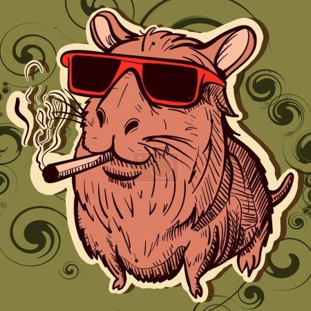 Illustration of a capibara with sunglasses smoking a joint. Vector of a cool wild rodent having a cigarette in his mouth