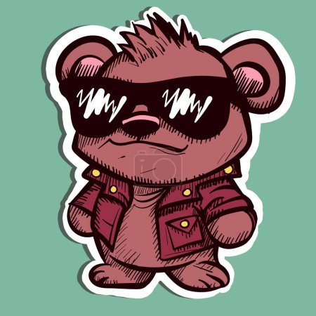 Illustration for Illustration of a tough brown bear wearing a leather jacket and a pair of sunglasses. Vector of a metalhead teddy bear - Royalty Free Image