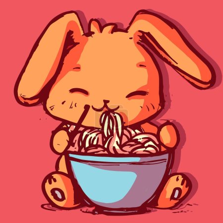 Illustrazione per Carino anime coniglio mangiare tagliatelle da una ciotola utilizzando bacchette giapponesi. Kawaii coniglietto arancione avendo un grande piatto con spaghetti davanti a lui - Immagini Royalty Free