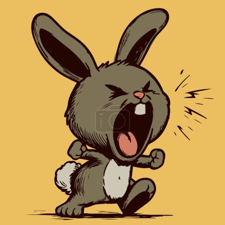 Foto de Vector de un pequeño conejito enojado gritando con la boca abierta. Lindo conejo personaje de dibujos animados siendo molesto - Imagen libre de derechos