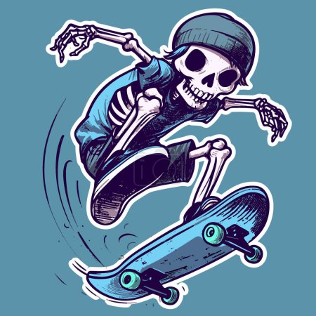 Ilustración de Arte vectorial de un esqueleto adolescente haciendo trucos en un monopatín. Skater boy con un sombrero hipster saltando y practicando deportes extremos - Imagen libre de derechos