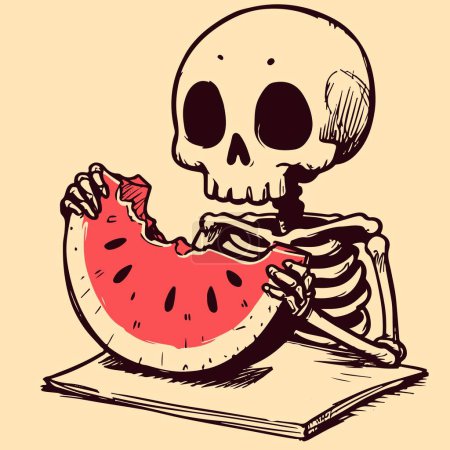 Illustration for Digital art of a skeleton eating a slice of juicy watermelon. Hungry skull with bones holding a fruit on a table. Cartoon character getting ready to eat a snack. - Royalty Free Image