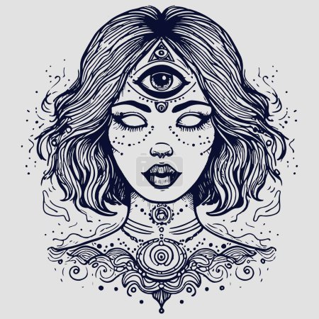 Ilustración de Wiccan y la cara oculta de la mujer con tercer ojo, chakras y arte concepto de espiritualidad. Vector de tatuaje de una adivina bruja psicodélica con runas y hechizos en su cara. - Imagen libre de derechos