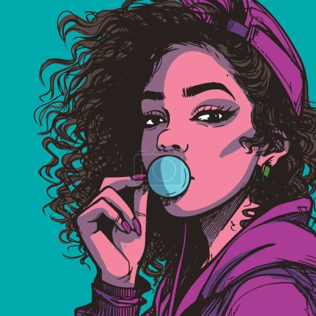 Téléchargez les illustrations : Gros plan d'une femme hip hop urbaine portant un chapeau violet et un chewing-gum. Cool gangsta fille avec les cheveux bouclés. - en licence libre de droit