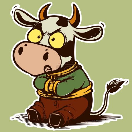 Illustration for Cute cartoon character in a straitjacket being mad and angry. Upset mascot cow in a strait jacket sitting down - Royalty Free Image
