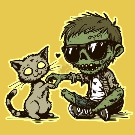 Illustration for Illustration of a zombie and a cat doing a heart with their hands. Two cartoon corpses being friends - Royalty Free Image