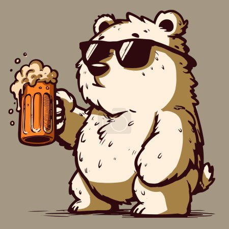 Téléchargez les illustrations : Vecteur d'un ours polaire dessin animé avec des lunettes de soleil tenant une pinte de bière. Dessin d'un animal du pôle nord buvant une boisson - en licence libre de droit
