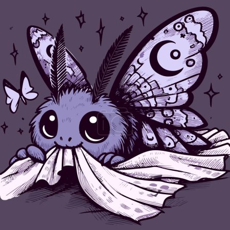 Illustration for Vector of a kawaii nocturnal lepidopteran chewing on a piece of fabric. Cute illustration of a butterly moth eating clothes - Royalty Free Image