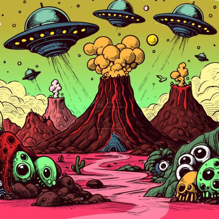 Trippy y arte psicodélico del paisaje desértico de la zona 51. Ilustración surrealista de una invasión extraterrestre y OVNI con cactus, montañas y volcán.