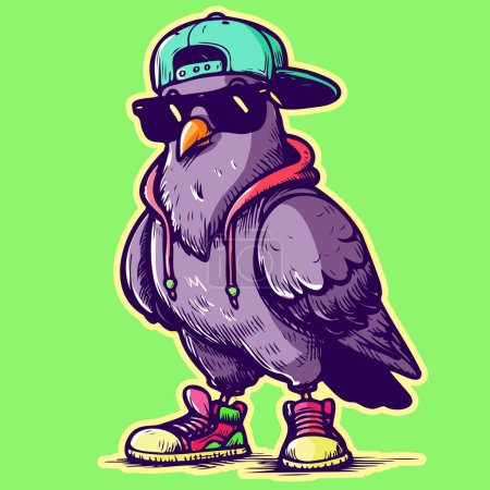 Téléchargez les illustrations : Vecteur d'un pigeon ghetto cool avec des lunettes de soleil, un chapeau hip hop et une paire de baskets. Oiseau Gangsta en streetwear et une attitude cool - en licence libre de droit