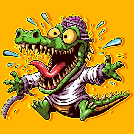 Illustration for Cartoon art of an insane alligator in a straitjacket with his mouth open and brains. Anthropomorphic crocodile graffiti style escaping from the asylum - Royalty Free Image