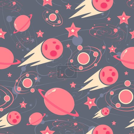 Pink and purple galaxy seamless pattern with stars, planets, comets and galaxies. Repeat background with universe assets