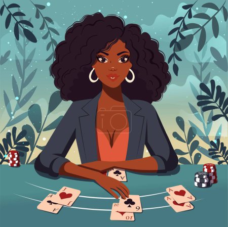 Ilustración plana de un crupier de blackjack femenino repartiendo cartas sobre la mesa. Ilustración dibujada a mano de una mujer afroamericana que trabaja en el casino