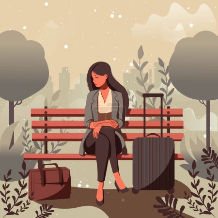 Ilustración plana conceptual sobre la salud emocional. Una mujer triste sentada en un banco con un maletín cerca de ella. 