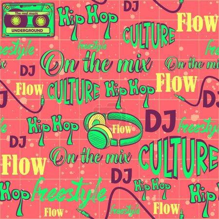 Seamless pattern of a wordcloud with hiphop elements and text. Repeat background with headphones, tapes, cables and graffiti