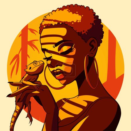 Afrikanische Frau, die drinnen unter den kühnen Schatten und Sonnenliegen sitzt, die durch die blinden Vorhänge projiziert werden. Weibchen und ihr Leguan mit goldener Stunde