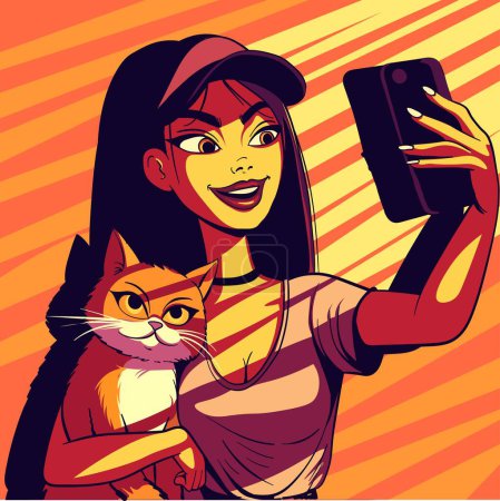 Handgezeichnete Illustration einer jungen Asiatin, die zur goldenen Stunde ein Selfie mit ihrer doofen Katze macht. Frau mit Hut, die von der Sonne berührt wird, und Schatten, die von den Vorhängen erzeugt werden