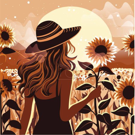 Backview silhouette of a blonde woman with a hat in a sunflower field picking sunflowers. Young girl during summer during golden hour landscape surrounded by flowers